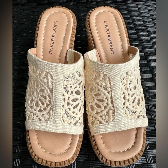 Lucky Brand Talvy Platform Macramé Slide Sandals Boho Cork Heels Size 5M - Picture 5 of 7